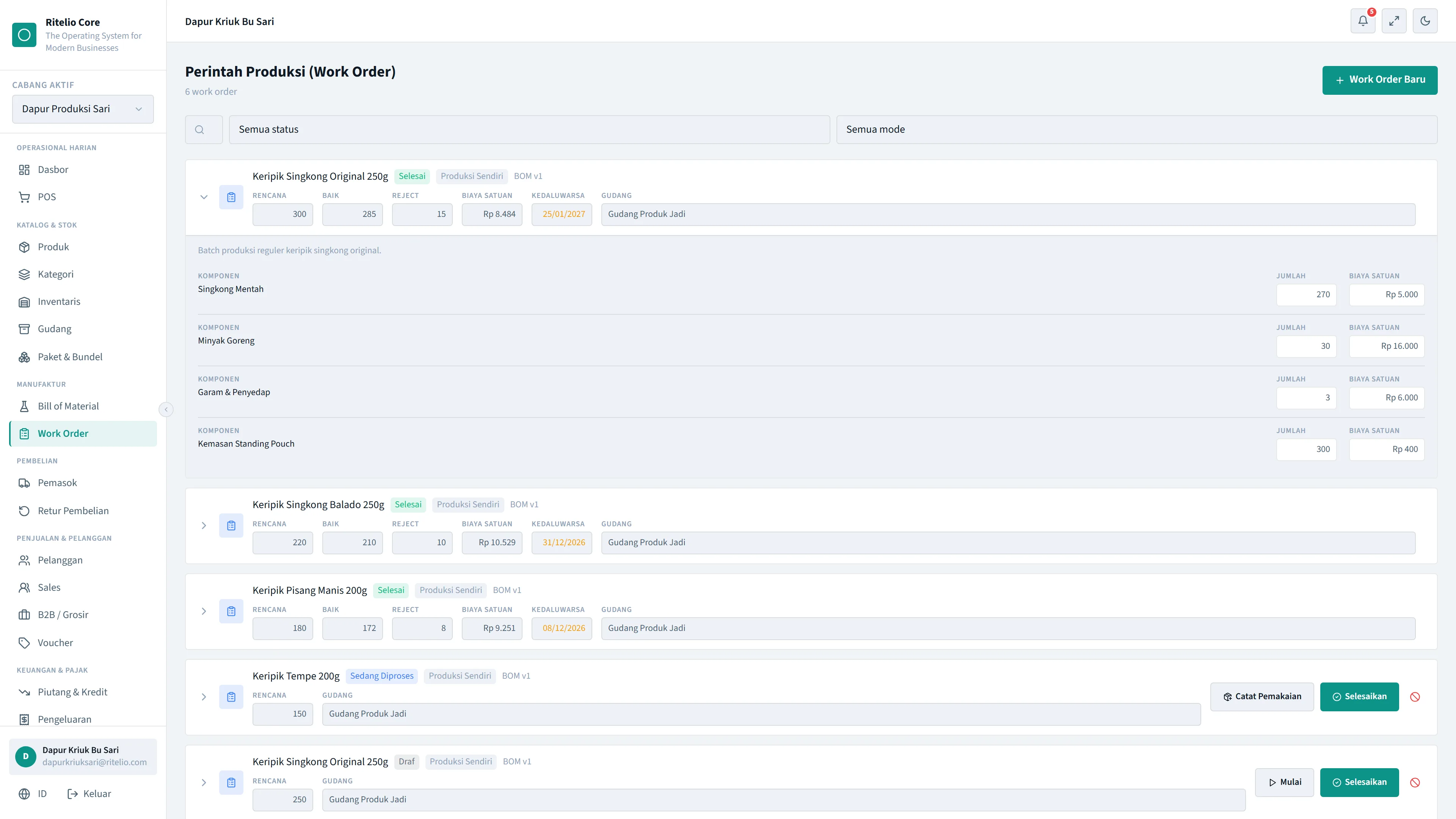 Ritelio Core work order screen tracking a production batch from draft to completed